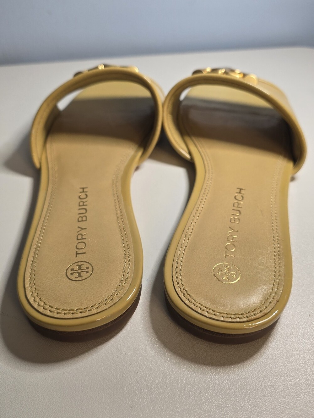 Tory Burch Gold Logo Yellow Eleanor Slide Sandals All Leather 7.5 Medium - Picture 8 of 12